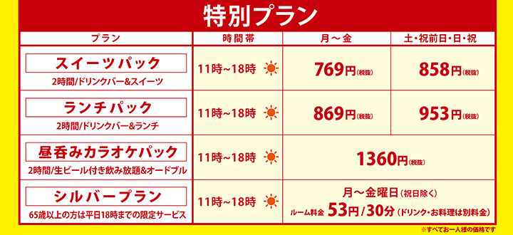 特別プラン料金表