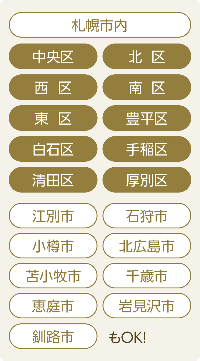 札幌市内中央区・北区・西区・南区・東区・豊平区・白石区・手稲区・清田区・厚別区、江別市、石狩市、小樽市、北広島市、苫小牧市、千歳市、恵庭市、岩見沢市、釧路市もOK!
