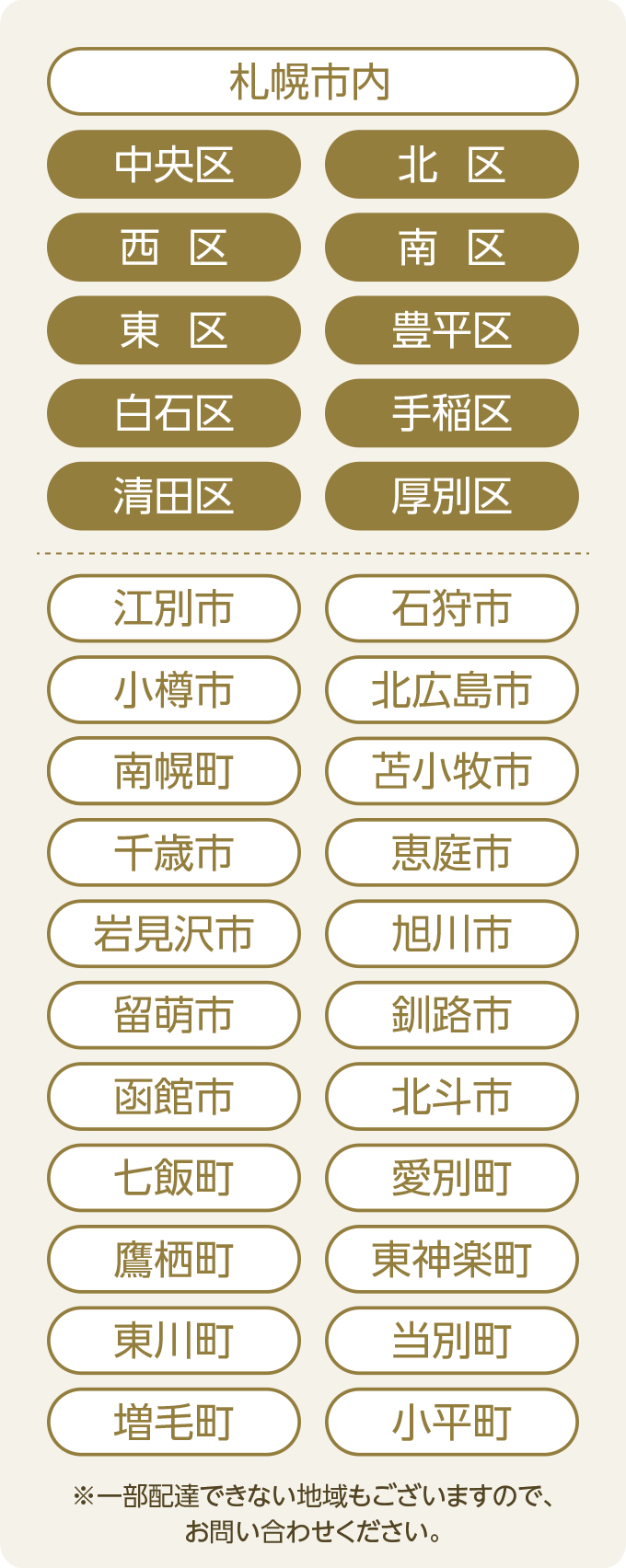 札幌市内中央区・北区・西区・南区・東区・豊平区・白石区・手稲区・清田区・厚別区、江別市、石狩市、小樽市、北広島市、南幌町、苫小牧市、千歳市、恵庭市、岩見沢市、旭川市、留萌市、釧路市、函館市、北杜市、七飯町、愛別町、鷹栖町、東神楽町、東川町、当麻町、増毛町、小平町もOK!