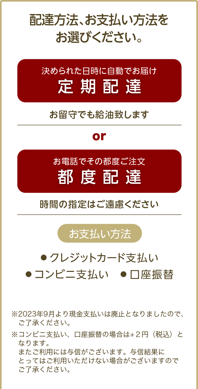配達方法を定期配達・都度配達からお選びください。お支払い方法をクレジット支払い・現金支払いからお選びください